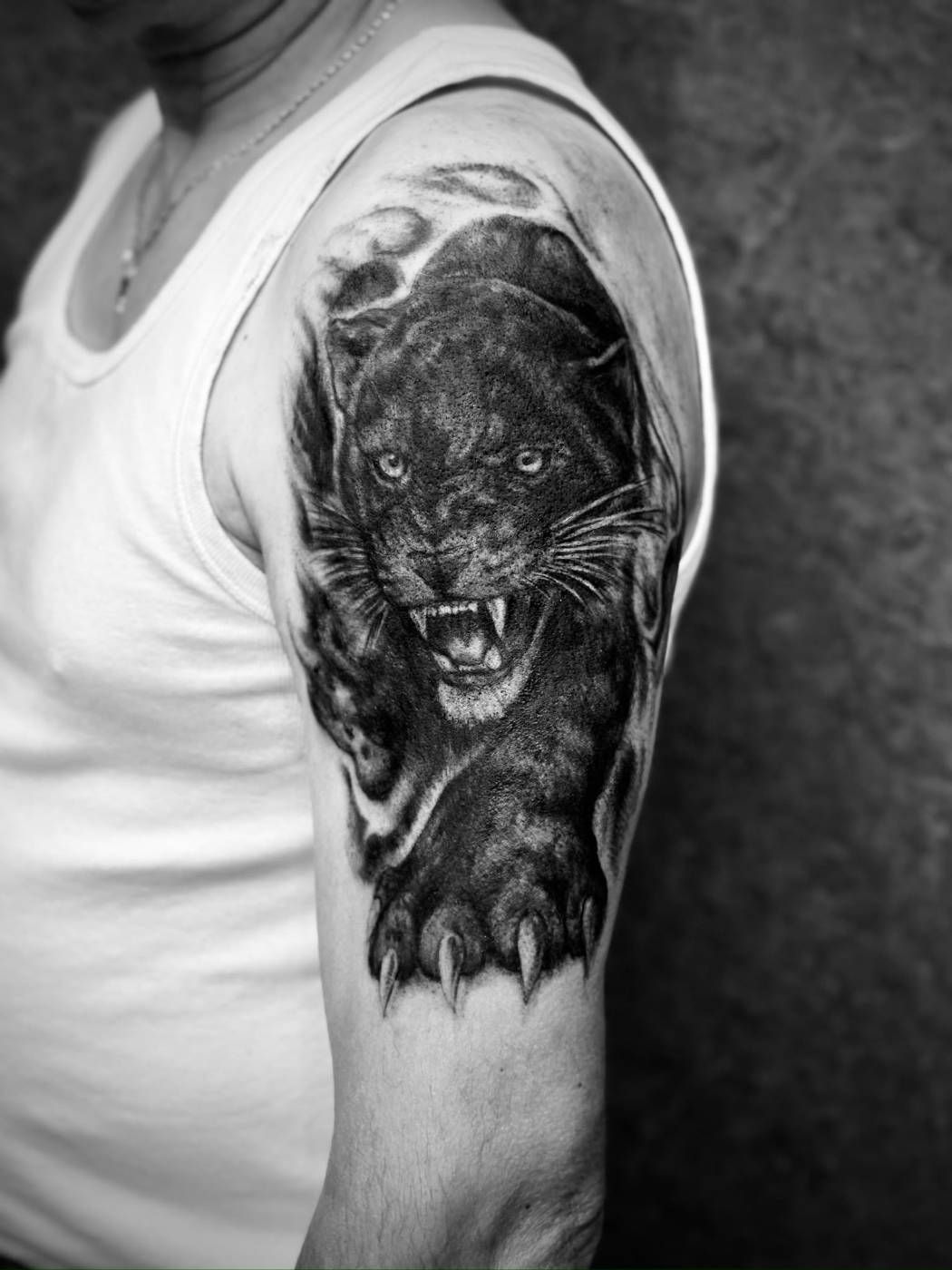 Realistisches Panther-Tattoo am Oberarm, gestochen bei Lion Ink 37 in Einbeck